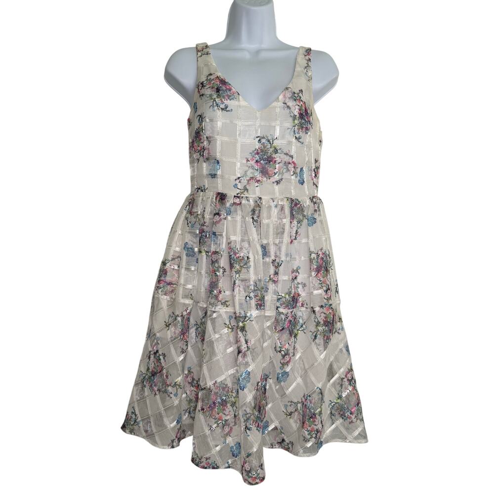 Maeve Anthropologie Fit and Flare Peony Garden Dress SIZE 4 Pink Blue Floral